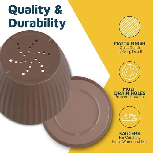 Brown 6-Inch Plant Pots with Drainage & Saucers 18 Pack, Indoor & Outdoor Planters for Houseplants, Herbs, and Flowers, Durable & Weatherproof Material, Stackable, Lightweight, Minimalist Design - Image 6