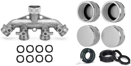 Morvat Heavy Duty Nickel Plated Brass 4-Way Garden Hose Splitter, Hose Bib Outlet Splitter with Updated Handles PLUS Garden Hose Cap, Nickel Plated Brass Outdoor Faucet Cap, 3/4" Threading, 4 Pack by Morvat