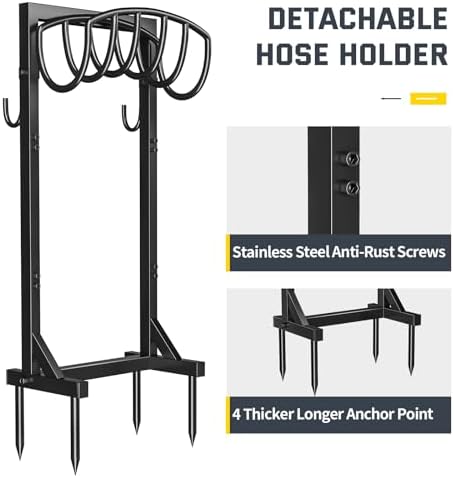 Kesfitt Garden Hose Holder Stand with 4 Spikes & 2 Tool Hooks, Detachable Heavy Duty Metal Freestanding Hose Reel Outdoor Organizer for Lawn Yard Water Storage Rack - Image 3