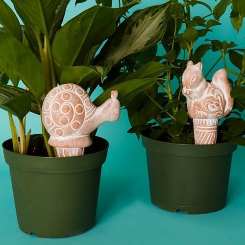 Decorative Terracotta Watering Spikes Set, Snail and Squirrel Shape, 6" Tall by POTTHING
