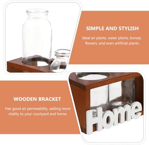 Simple Hydroponics Glass Planter with Wooden Bracket for Flowers - Image 3