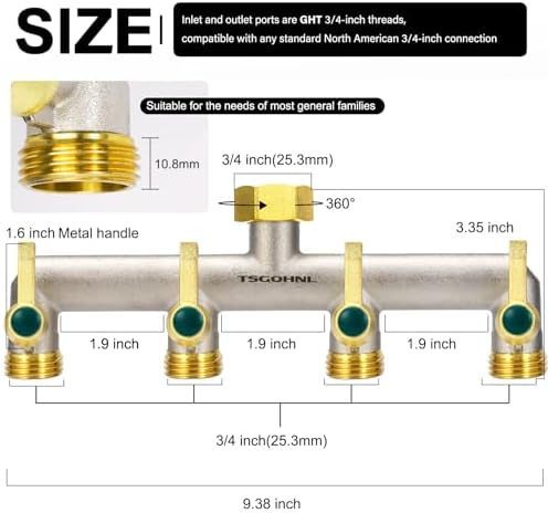 Brass Garden Faucet Splitter, 4-Way Hose Splitter with 4 Extended Metal Handles, Outdoor Hose Divider, Heavy Duty Nickel Plated, GHT 3/4-Inch Heavy Duty Hex Female Inlet and 3/4-Inch Male Outlet - Image 2
