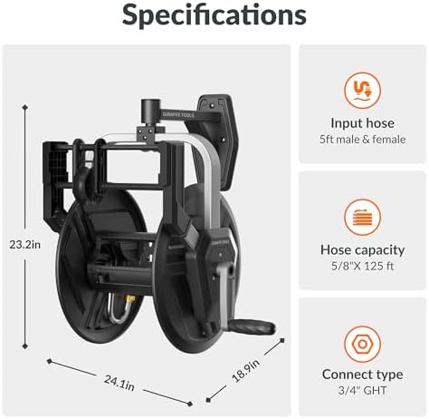 Giraffe Tools Garden Hose Reel Wall Mount, 125FT 5/8" Hose Capacity, Heavy Duty Water Hose Reel, Hose Guide Pre-Installed with Crank, 210° Swivel, for Yard Lawn Garage - Image 6