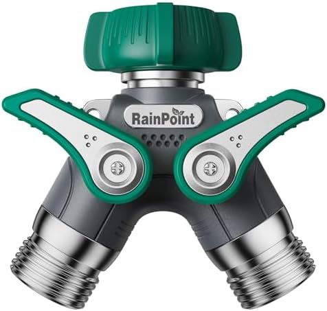 RAINPOINT Garden Hose Splitter, 2 Way Heavy Duty Water Hose Y Spigot Splitter with Shutoff Valves, 100% Metal Body Outdoor Faucet Splitter, 1.9" Extra Long Metal Handle (1, Deep Green) by RainPoint