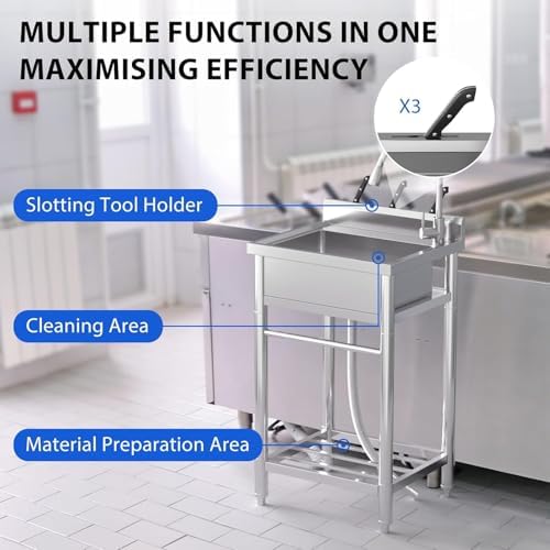 24"x20"x41" Stainless Steel Utility Sink, Freestanding Single Bowl with Hot & Cold Water Faucet, Commercial Kitchen Laundry Bathroom Garage Garden Sink - Image 3