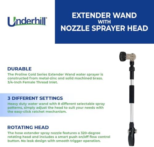 Underhill Proline Gold Series Garden Watering Extender Wand for Hose with Nozzle Sprayer Head, 3/4-Inch Thread Inlet, Jet Attachment, NG200-TW - Image 3