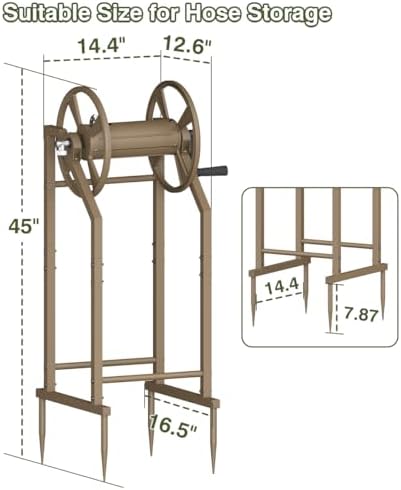 4-Spike Garden Hose Reel with 3.9ft Leader Hose & Stainless Fitting, Outdoor Hose Holder holds 125ft Hose of 5/8", Freestanding Metal Hose Stand for Outside Yard Lawn, Brown - Image 2