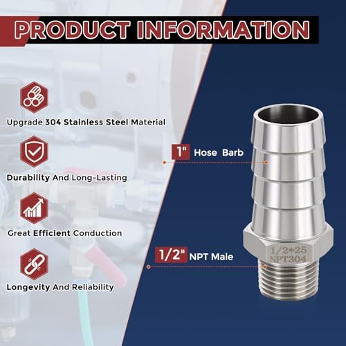 10pcs Stainless Steel Hose Barb Fitting 1" Barb to 1/2" NPT Male - Image 2