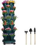 DUNCHATY Stackable Planter, Vertical Garden Planter with Wheels and Tools, Self Watering Strawberry Planter Indoor/Outdoor 7 Tier Herb Planter Pots for Growing Vegetables and Succulents,Pine Green by DUNCHATY