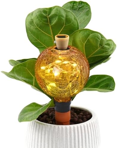 SAVENNA Crackle Glass Plant Watering Globe with Terracotta Spike,Self-Watering Irrigation for Potted Plants, with Solar Accent Light for Indoor & Outdoor Décor, 17oz, Yellow–Pink Gradient by SAVENNA