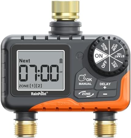 RAINPOINT 2 Zone Sprinkler Timer with Brass Inlet and Outlet - Water Timer for Garden Hose with Rain Delay/Manual Watering/Automatic Irrigation Controller for Yard(Orange) by RainPoint