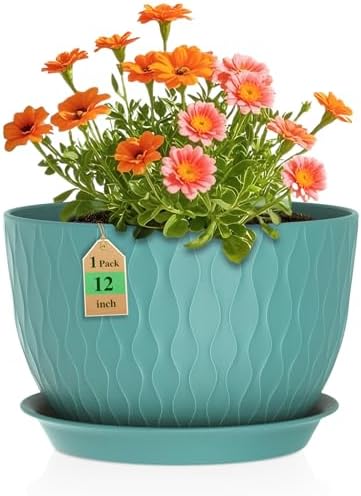WSMKSZ 12 Inch Large Plant Pots for Indoor or Outdoor Plants, Wide Water Ripples Flower Pots with Drainage Holes & Saucer, Plastic Planters Set for Garden & Home Decor (Blue Green) by WSMKSZ