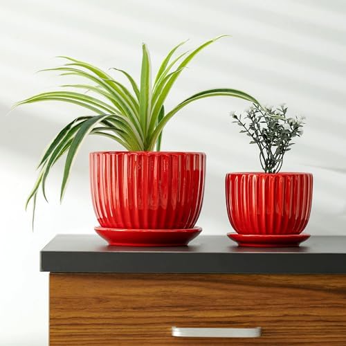 Ceramic Plant Pots Set of 3-Red Flower Pots with Drainage Holes and Saucers - Image 5