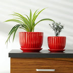 Ceramic Plant Pots Set of 3-Red Flower Pots with Drainage Holes and Saucers - Image 5