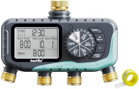 RAINPOINT Sprinkler Timer 4 Zone, Water Timer for Programmable, for Soaker Hose with Rain Delay/Manual/Automatic Watering System, Digital Irrigation for Yard, Lawn by RainPoint