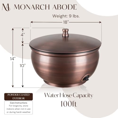 Monarch Abode Garden Hose Holder with Lid – Decorative Water Hose Holders for Outside, Smooth Metal Antique Copper Pot with Drainage, 100ft Waterhose Holder for Outside, Garden Storage Caddy - Image 3