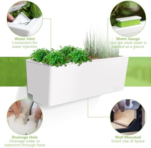 Glowpear Self Watering Planter Box - 23.6", White - UV Stable, Scalable Wall Mounts Plant Pot with Water Gauge, Indoor Outdoor for Vegetables, Flowers, Herbs, and Succulents, Gardening - Image 6