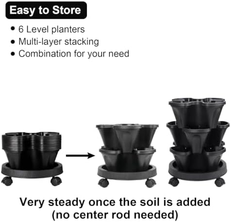 GameXcel Vertical Planter Tower - 6 Tier Stackable Garden Planters with Wheels and Garden Tool Set Plant Pots for Strawberry Herb Flower and Vegetable Indoor Outdoor Use Black - Image 6