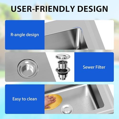 28"x20"x34" Stainless Steel Utility Sink, Freestanding Single Bowl with Hot & Cold Water Faucet, Commercial Kitchen Laundry Bathroom Garage Garden Sink - Image 6