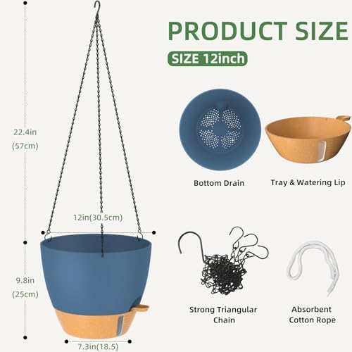 ZMTECH 12 Inch Hanging Planters for Indoor Plants & Outdoor - 2 Pack Self-Watering Hanging Pots with Drainage Holes, Visual Reservoir, Plastic Hanging Baskets Flower Pots with Removable Saucer, Blue - Image 3