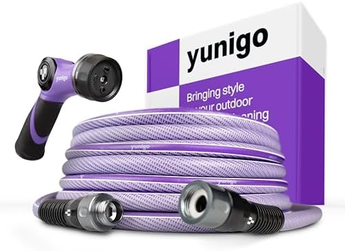 ESSENCE 5/8" 50ft Hybrid Purple Garden Hose – No-Kink Abrasion-Resistant with Durable Aluminum Fittings & Spray Nozzle, Ideal for Intensive Home & Garden Watering by Yunigo