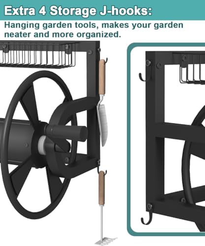 Artigarden Outdoor Wall Mounted Hose Reel with Hook, Garden Heavy-Duty Water Holder Winder with 3.9 ft Leader Hoses, Brass Fitting and Storage Basket for Yard, Holds 125 Ft of 5/8-Inch Hose, Black - Image 3