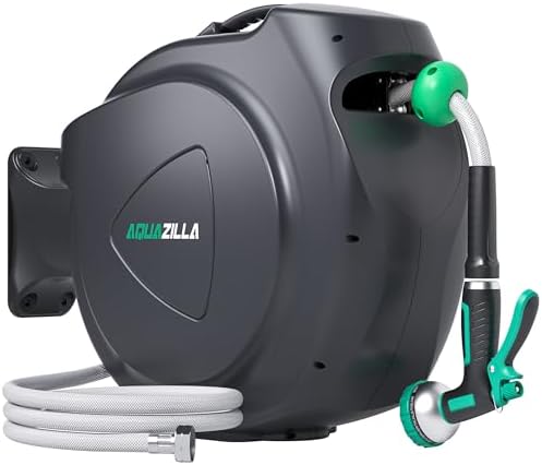 Retractable Garden Hose Reel, 100Ft x 1/2" Durable Wall Mounted Water Hose Reel with 180¡ãSwivel Bracket, 9 Pattern Sprayer, 6Ft leader hose,Smooth Automatic Rewind, Any Length Lock. by AQUAZILLA