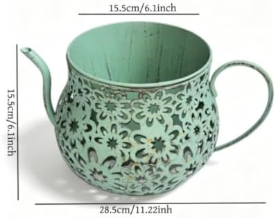 Watering Can Planter Perforated Decorative Flower Pot Cutout Watering Can with Long Spout for Decorators, Gardeners, Patio, Balcony, Indoor, Retro Green - Image 2