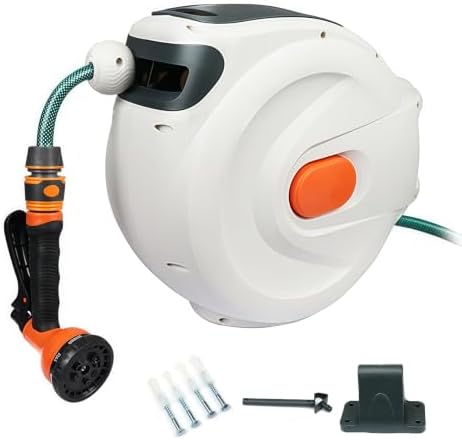 Auto Retractable Water Hose Reel, Wall Mounted Automatic Rewind Water Reel, Heavy Duty Retractable Hose Reel with Spray Nozzle for Car Wash Workshop Cleaning (30m) by Unknown
