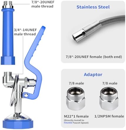 Commercial Sink Sprayer with 45” Stainless Steel Hose, 1.42 GPM Pre Rinse Sprayer, High-Pressure Dish Spray for Restaurant Use, Commercial Faucet Spray Nozzle with Adapters (Blue) - Image 2