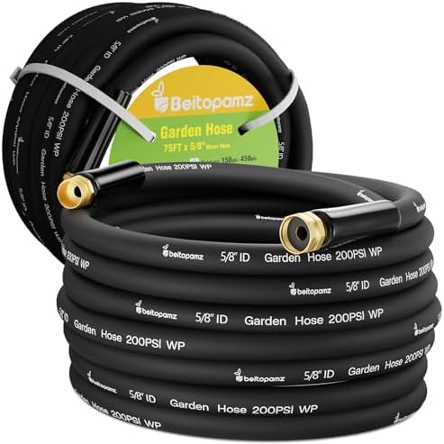 Beitopamz Garden Hose 75 ft x 5/8 in Heavy Duty Water Hose, Flexible and Durable, Lightweight Rubber Hybrid Hose, Leak-Free Connections, Male to Female 3/4'' Brass Fittings for Patio, Lawn, Black by BeitopamzGardenHose