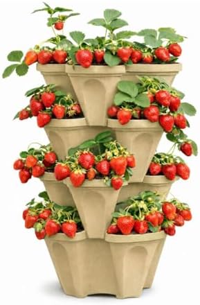 Stackable Vertical Planter Tower, 4 Tier Strawberry Planter,16 Plant Sites, Space Saving Garden Planter for Vegetables & Herbs, Indoor Outdoor, Made in USA (Desert Sand) by SmartSpring