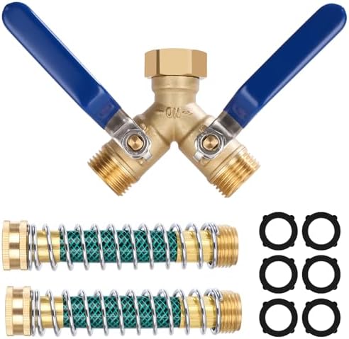Dalmbox Garden Hose Splitter 2 Way With Long Handle, Garden Hose Adapter with 2 Pcs Garden Hose Coiled Spring Protectors and 6 Rubber Washers by Dalmbox
