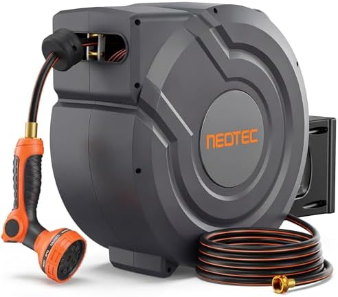 Upgraded Retractable Garden Hose Reel 1/2" x 130 ft Any Length Lock 9 Pattern Nozzle Wall-Mounted Automatic Slow Return 180° Swivel UV Resistant Heavy Duty Hose Reels for Outside by NEO-TEC