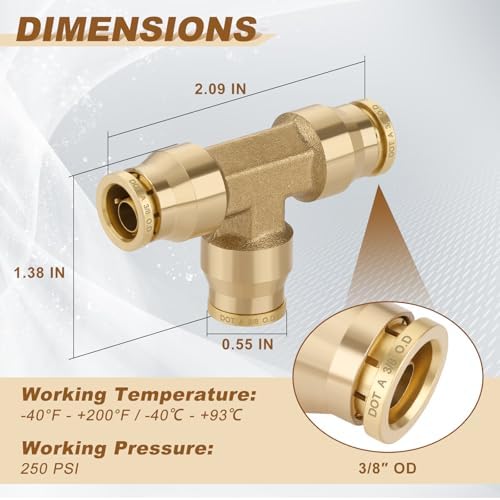 3/8" Brass Union Tee, DOT Approved 3-Way Air Line Connector 5PCS - Image 5