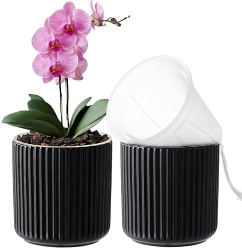 Ceramic Orchid Pot, Clear Nursery Pot & self Watering,5 inch,Black by TineDew