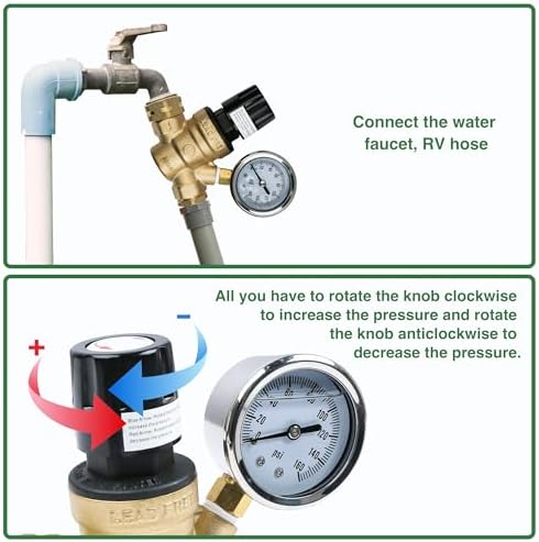 U.S. Solid 3/4 in GHT RV Water Pressure Regulator, Handwheel-Adjustable Lead-Free Brass Valve with 0-160 psi Gauge and Inlet Filter, for RV Camper Trailer and Garden Hose - Image 5