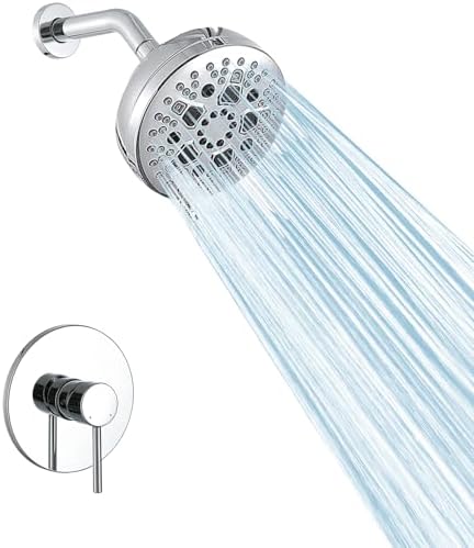 Chrome Shower System with High Pressure 6-Spray Rain Shower Head, 360° Rotatable Anti-Clog Silicone Nozzles, Wall-Mounted Shower Faucet Set, Rustproof ABS for Bathroom Upgrade by TRJIKAG