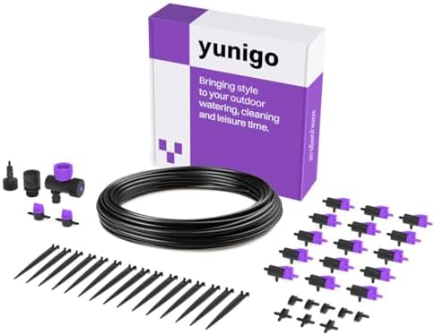 Blooming Micro Drip Irrigation Kit 65 ft – 15-Plant System for Container Gardens & Pots, Adjustable Drippers and Pressure Regulator Included, Easy Tool-Free Setup, UV-Resistant by Yunigo