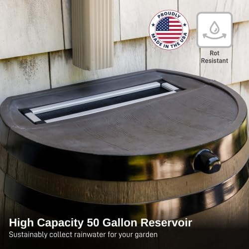 RTS Home Accents 50-Gallon Rain Barrel, Flat Back Rain Water Collection Barrel, Stand and Link Kit Included, Woodgrain with Black Stripes (2 Pack) - Image 2