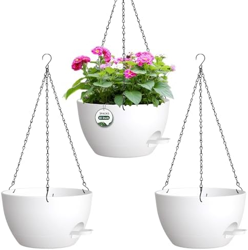 3 Pack 10 Hanging Flower Pots with Chains Self Watering Plastic Planters for Indoor Outdoor Plants, Sturdy Triangular Iron Chain Design for Garden PorchPlastic Hanging Flower pots (3, White) by Unknown