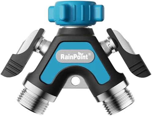 RAINPOINT Garden Hose Splitter 2 Way, All Metal Heavy Duty Water Hose Y Splitter With 2.05" Extra Long Side Handle & Shut Off Valves, 3/4 Inch GHT Thread Connector For Outdoor Spigot Faucet (Blue,2) by RainPoint