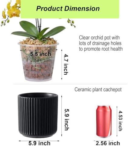 Orchid Pot,Ceramic Plant Pot with Clear Orchid Pot,6 inch,Black - Image 2