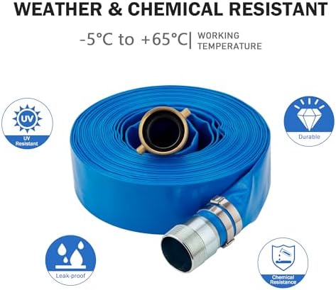DAVCO 1.5" ID x 50 ft Pool Backwash Hose, Heavy Duty Reinforced Blue PVC Lay Flat Water Discharge Pump Hoses For Swimming Drain Pools and Clean Filters, with Brass NPT Pin Lug and KC Nipple Fittings - Image 7
