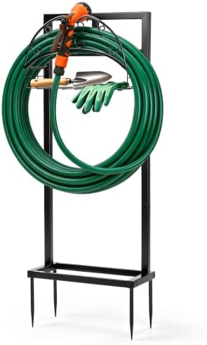 Garden Hose Holder with Storage Basket, Heavy Duty Freestanding Water Hose Stand with 4 Ground Spikes, Garden Hose Holder, Water Hose Stand, Hose Rack, Storage Basket, Outdoor Organizer - Black by Unknown