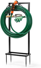 Black Garden Hose Holder Stand, Heavy Duty Freestanding Water Hose Storage Rack with 4 Anchor Spikes Nozzle Groove and Storage Basket Weather Resistant Iron Organizer for Yard Lawn Garden Farm Outdoor - Image 2