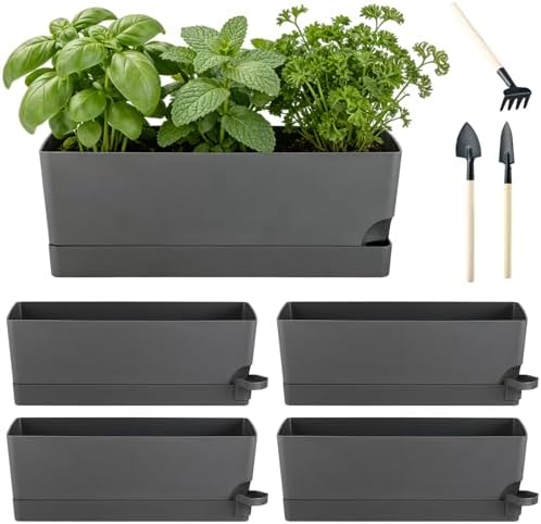 4 Pack Self Watering Pots for Indoor Plants 17 Inches Window Boxes Planters Rectangular Flower Pots Rectangle Herb Pots Large Plant Pots with Drainage Holes and Saucers Windowsill Planter, Grey by KvyusFlourish