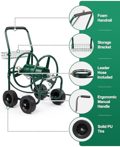 Outvita 250 FT Duty Hose Reel Cart, 4 PU Wheel Garden Storage Cart, Green - Image 5