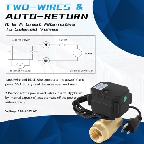1/2" Brass Motorized Ball Valve - NPT Electric Water Valve 2 Wire Auto Return normally closed with Full Port, 110-230v AC Electric Water Valve With U.S.Plug, IP67 - Image 4
