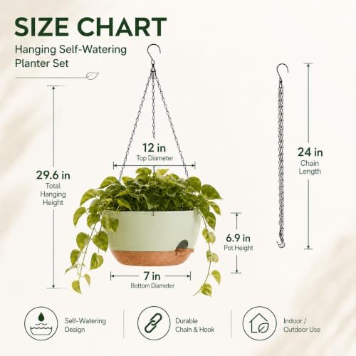 12 Inch Self Watering Hanging Planters 2 Pack, Green Brown - Image 3